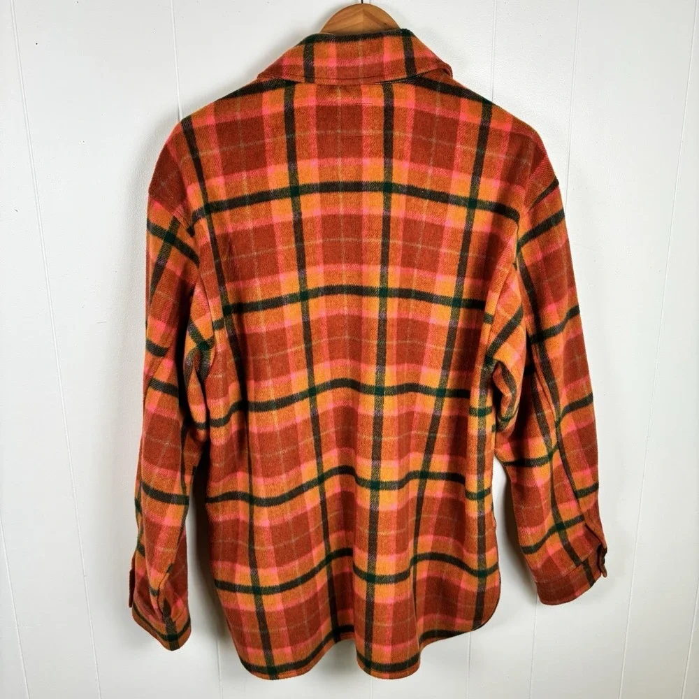 Wild Fable Women Sz M Flannel Shacket Plaid Orange Pink Shirt Jacket Wool‎ Blend